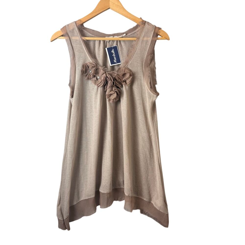NWT Blu Pepper Linen Blend Tunic Top Women’s S Tan Lagenlook Floral Sleeveless